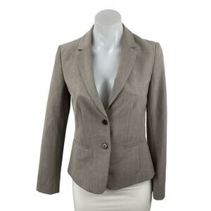 Ann Taylor LOFT Womens Khaki Long Sleeve Collared Button Blazer Coat Jacket 0P
